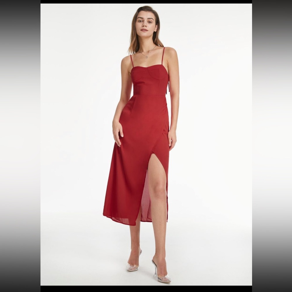 RED Sweetheart spaghetti strap midi length wrap slit dress NWT S/XS